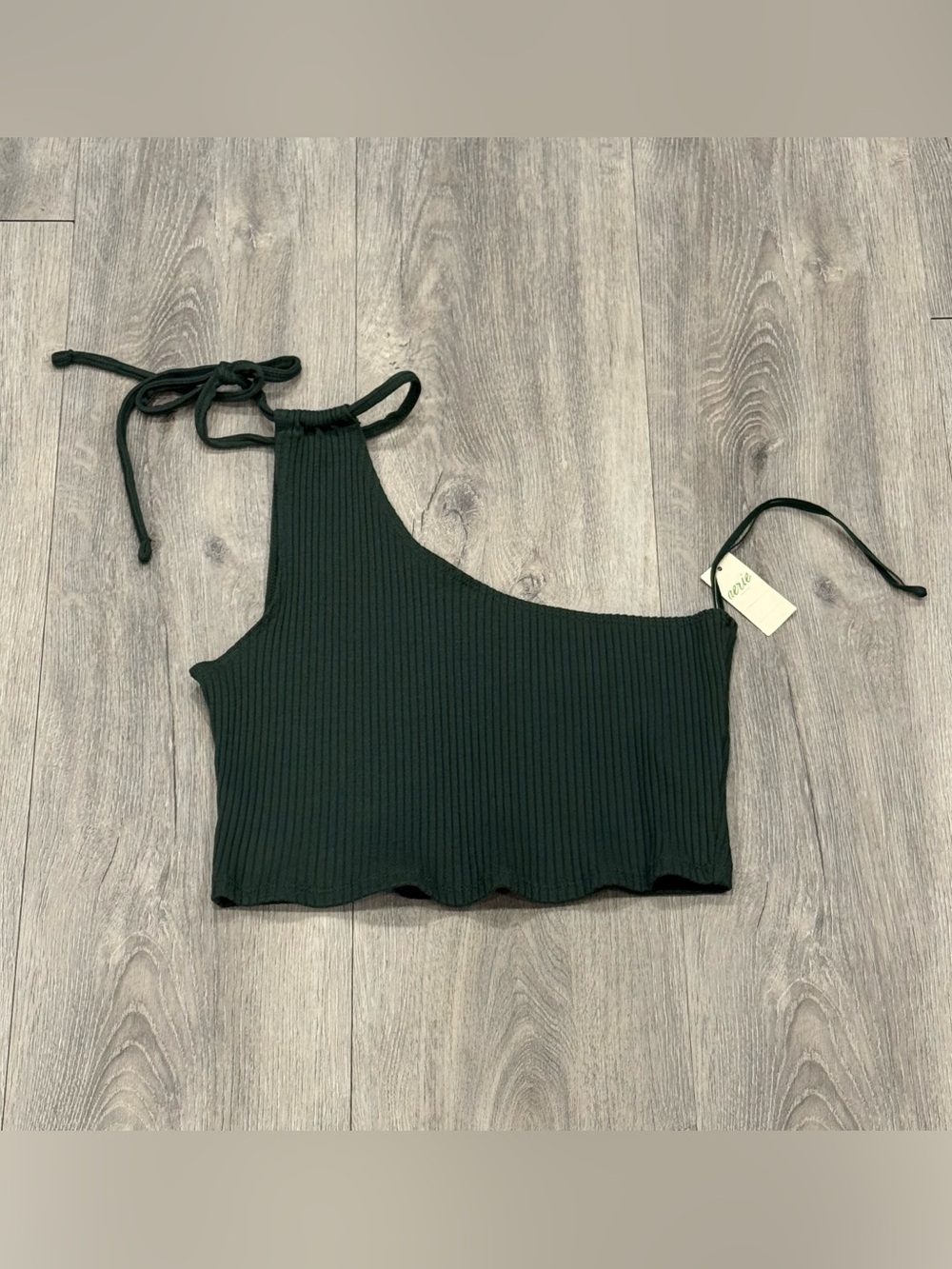Aerie Dark Green Ribbed Knit One-Shoulder Cropped Summer Tank Top - Picture 2 of 4
